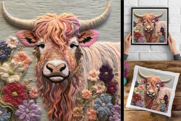 3d Graphic, Wool Embroidery-Highland Cow